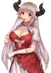  alicia_(granblue_fantasy) breasts center_opening cleavage draph dress earrings gloves granblue_fantasy horns jewelry large_breasts long_hair pointy_ears puffy_sleeves red_eyes silver_hair solo urokoda white_gloves 