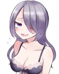  :3 beaten blush bow bow_bra bra breasts bruise cleavage collarbone commentary_request fang flying_sweatdrops hair_over_one_eye highres injury lace lace-trimmed_bra large_breasts long_hair looking_at_viewer neit_ni_sei nervous original purple_eyes smile solo sweatdrop underwear when_you_see_it 