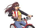 bicycle brown_hair chicken chicken_wing denim food horn jacket jeans john_su leather leather_jacket long_hair pants simple_background sunglasses watch white_background wristwatch 