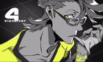  copyright_name glasses highres kiznaiver looking_at_viewer male_focus monochrome mouth_hold number scar shirt solo spot_color t-shirt tenga_hajime upper_body yellow_eyes yoneyama_mai 