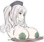  bad_id bad_twitter_id bangs blush breasts breasts_on_tray commentary hat inactive_account kantai_collection kashima_(kantai_collection) kashiwa_mochi_(food) large_breasts leaf leaf_bra pun silver_hair solo topless twintails yamaioni_(sasakama) 