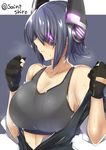 breasts cleavage eyepatch hair_over_one_eye headgear kantai_collection large_breasts saintshiro serious short_hair simple_background solo sports_bra sportswear sweat tank_top tenryuu_(kantai_collection) toned undressing 