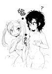  ? amano_onsa bakuon!! bell blush breasts covering covering_nipples curly_hair greyscale grin hair_bell hair_ornament large_breasts long_hair monochrome multiple_girls nude pointing shimotsuki_juugo short_hair smile steam suzunoki_rin translated twintails wet 