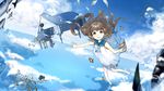  angelfish bare_shoulders barefoot brown_hair bubble cloud clownfish day deemo deemo_(character) dress floating_hair girl_(deemo) highres instrument long_hair masked_lady_(deemo) ocean piano red_eyes sailor_collar sawaco_(sawaco520) smile song_name 