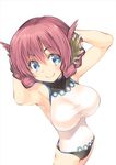  armpits arms_behind_head arms_up bare_shoulders blue_eyes breasts commentary_request head_wings inuzumi_masaki large_breasts leotard looking_at_viewer nosuri red_hair short_hair sleeveless sleeveless_turtleneck smile solo turtleneck utawareru_mono utawareru_mono:_itsuwari_no_kamen 