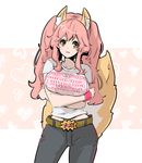  animal_ears belt blush breast_hold breasts casual clothes_writing fate/extra fate_(series) fox_ears fox_tail kurusu_piyo large_breasts long_hair midriff open_mouth pants pink_hair shirt simple_background solo t-shirt tail tamamo_(fate)_(all) tamamo_no_mae_(fate) white_background wristband yellow_eyes 