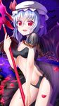  bat bat_wings bikini black_bikini blue_flower blue_hair blue_rose breasts cape covered_nipples fang flower hat hat_ribbon highres mob_cap open_mouth petals pointy_ears red_eyes red_flower red_rose remilia_scarlet ribbon rose shiron_(e1na1e2lu2ne3ru3) silver_hair small_breasts smile solo spear_the_gungnir swimsuit touhou wings 