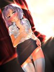  ass_visible_through_thighs bangs black_skirt blush breasts covered_nipples dutch_angle looking_at_viewer low_twintails navel no_bra open_clothes open_mouth open_shirt pencil_skirt purple_eyes purple_hair shirasagi_rokuwa shirt short_hair_with_long_locks skirt small_breasts solo sweat thighhighs twintails vocaloid voiceroid white_legwear yuzuki_yukari 