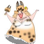  1girl absurdres animal_ear_fluff animal_ears artist_request bare_shoulders big_mom blonde_hair charlotte_linlin creepy crossover dress hat highres jumping kemono_friends old_woman one_piece open_mouth parody serval_(kemono_friends) serval_ears serval_print smile solo what 