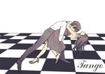  1girl brown_hair checkered checkered_floor closed_eyes dancing dress english female_saniwa_(touken_ranbu) heshikiri_hasebe high_heels leaning_back saniwa_(touken_ranbu) touken_ranbu tsugumi_(uzurabird) 