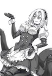  absurdres alternate_costume arachne breasts carapace claws cosplay enmaided extra_eyes fleur_de_lapin_uniform framed_breasts gochuumon_wa_usagi_desu_ka? greyscale hairband highres insect_girl maid maid_headdress medium_breasts monochrome monster_girl monster_musume_no_iru_nichijou multiple_legs pd_(seripanda) rachnera_arachnera smile solo spider_girl tray wrist_cuffs 