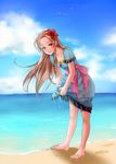  barefoot beach bent_over bird bow brown_eyes brown_hair cloud collarbone day dress dripping flower footprints hair_flower hair_ornament highres horizon jewelry leaning_forward lips marin_(the_legend_of_zelda) necklace ocean outdoors pendant sand sky smile solo the_legend_of_zelda the_legend_of_zelda:_link's_awakening wasabi_(legemd) water wet wet_clothes wringing_clothes wringing_dress 