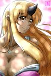  blonde_hair breasts cleavage dark_skin eyebrows eyebrows_visible_through_hair horn huge_breasts jewelry long_hair looking_at_viewer monster_musume_no_iru_nichijou necklace ogre pointy_ears s-now signature smile solo tionishia upper_body yellow_eyes 