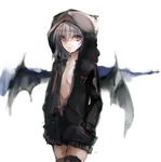  alternate_costume bat_wings black_legwear breasts commentary_request contemporary cowboy_shot hands_in_pockets hood hoodie looking_at_viewer medium_breasts naked_hoodie nazuka_(mikkamisaki) no_bra open_clothes open_hoodie red_eyes remilia_scarlet short_hair silver_hair solo thighhighs touhou unzipped wings zettai_ryouiki 