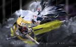  bardiche belt blonde_hair cape cloud cloudy_sky cropped_jacket energy_sword fate_testarossa feathers fingerless_gloves gloves hair_ribbon highres long_hair lyrical_nanoha magical_girl mahou_shoujo_lyrical_nanoha mahou_shoujo_lyrical_nanoha_a's moon multiple_girls red_eyes reinforce ribbon silver_hair sky solwyvern sword twintails very_long_hair waist_cape wallpaper weapon widescreen wings yami_no_sho 