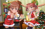  bare_shoulders bow brown_hair cake christmas christmas_stocking christmas_tree elbow_gloves food gloves hair_bow hara_shuuichi highres midriff misaka_mikoto multiple_girls one_eye_closed pastry santa_costume shirai_kuroko skirt slice_of_cake strawberry_shortcake thighhighs to_aru_kagaku_no_railgun to_aru_majutsu_no_index twintails wreath wrist_cuffs 