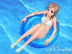  afloat bangs barefoot bikini blue_eyes brown_hair feet from_above gagraphic innertube legs lips long_hair long_legs looking_at_viewer partially_submerged solo swept_bangs swimsuit wallpaper water white_bikini yuuki_katsuhiko 