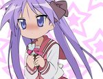  artist_request blue_eyes blush chocolate hiiragi_kagami long_hair lucky_star pink_neckwear pleated_skirt purple_hair red_skirt ryouou_school_uniform school_uniform serafuku skirt solo source_request star tsurime wallpaper 