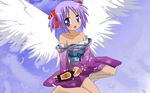  artist_request balsamic_vinegar bare_shoulders blue_eyes highres hiiragi_tsukasa japanese_clothes kimono lucky_star off_shoulder purple_hair ribbon solo wallpaper wings 