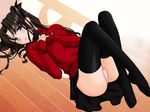  artist_request black_legwear blue_eyes blush brown_hair fate/stay_night fate_(series) legs legs_up long_legs long_sleeves lying miniskirt on_back panties pantyshot pantyshot_(lying) pink_panties skirt solo thighhighs toosaka_rin turtleneck two_side_up underwear 