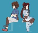  1boy 1girl blue_background breasts brown_eyes brown_hair creatures_(company) crossed_arms double_bun english_text eyes_closed full_body game_freak gloves lack-two_(pokemon) legs_crossed legs_together long_hair long_sleeves looking_away luo-qin nintendo pokemon pokemon_special shoelaces shoes simple_background sitting small_breasts team_plasma team_plasma_uniform twintails whi-two_(pokemon) zipper 