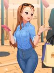  bad_id bad_pixiv_id bag brown_hair cellphone cowboy_shot denim earrings eyewear_on_head high-waist_pants highres hips idolmaster idolmaster_(classic) jeans jewelry long_hair looking_to_the_side minase_iori open_mouth pants phone purple_eyes shirt shopping_bag signature sleeves_rolled_up smartphone smile solo_focus sunglasses thighs tight tight_pants yoshiwa_tomo 