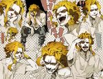  ... 1boy all_might bangs blonde_hair blue_eyes boku_no_hero_academia dust facepalm hand_on_own_cheek hand_on_own_chest highres karo_(tocoda965) laughing male_focus messy_hair multiple_views open_mouth shirt sitting sleeping spoken_ellipsis surprised teeth white_shirt 