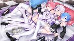  bare_shoulders blue_eyes blue_hair cat checkered checkered_floor detached_sleeves edogawakid elf emilia_(re:zero) feet girl_sandwich hair_over_one_eye highres long_hair lying maid mary_janes multiple_girls no_shoes panties pink_hair pointy_ears puck_(re:zero) purple_eyes ram_(re:zero) re:zero_kara_hajimeru_isekai_seikatsu red_eyes rem_(re:zero) sandwiched shoe_dangle shoes shoes_removed short_hair siblings silver_hair single_shoe sisters thighhighs twins underwear white_legwear 