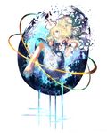  abstract barefoot blonde_hair blue_eyes broken cross dress dripping floating_hair full_body highres long_hair looking_at_viewer original red_string simple_background solo string vima white_background white_dress wrist_cuffs 