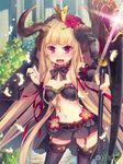  :d binzoko_megane_(san-inch) black_bow black_gloves black_neckwear black_skirt blonde_hair blush bow bowtie breasts bridal_gauntlets bush crown elbow_gloves fang fingernails flower foreshortening garter_straps glint gloves hair_flower hair_ornament holding holding_weapon horns long_hair looking_at_viewer midriff miniskirt navel open_mouth outdoors pillar plant pleated_skirt red_eyes red_flower scythe skirt small_breasts smile solo stomach thighhighs tooth v-shaped_eyebrows valhalla_valkyries weapon zettai_ryouiki 