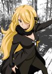  black_coat black_pants blonde_hair breasts cleavage fur-trimmed_sleeves fur_collar fur_trim hair_over_one_eye highres long_hair long_sleeves looking_at_viewer medium_breasts outstretched_arm pants partially_colored pokemon pokemon_(game) pokemon_dppt shirona_(pokemon) solo very_long_hair yuukami_(wittsu) 