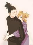  1girl artist_request black_hair boruto:_naruto_the_movie facial_hair goatee hatomugi_(htmg_nrt) hug hug_from_behind husband_and_wife nara_shikamaru naruto temari 