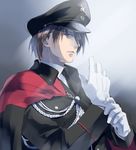  aiguillette black_hat black_jacket blue_eyes blue_hair brown_hair buttons cape closed_mouth dressing expressionless getbackers gloves gradient_hair hat highres hirai_chika jacket kakei_juubei long_sleeves looking_at_viewer male_focus military military_uniform multicolored_hair peaked_cap pocket red_cape sleeve_cuffs solo uniform upper_body white_gloves wing_collar 