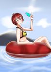  absurdres balloon bangs bikini blue_eyes blush bracelet breasts cleavage floating food food_on_face grin highres ice_cream idol idolmaster idolmaster_million_live! jewelry julia_(idolmaster) melting necklace one_eye_closed popsicle red_hair salmon_(4chan) short_hair smile solo swimsuit 