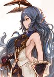  absurdres animal_ears backless_dress backless_outfit bangs bare_shoulders belt blue_hair breasts cowboy_shot dress earrings erune ferry_(granblue_fantasy) gloves granblue_fantasy hair_between_eyes high_collar highres holding holding_sword holding_weapon jewelry long_hair looking_away orange_eyes profile side_cutout sideboob sidelocks sleeveless small_breasts solo sword very_long_hair wavy_hair weapon white_background yatsuka_(846) 