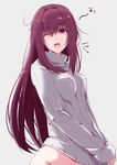  1girl ;o bottomless breasts cowboy_shot eyebrows eyebrows_visible_through_hair fate/grand_order fate_(series) grey_background groin hair_intakes long_hair long_sleeves medium_breasts one_eye_closed open_mouth out-of-frame_censoring purple_eyes purple_hair ribbed_sweater saisarisu scathach_(fate)_(all) scathach_(fate/grand_order) simple_background sleeves_past_wrists solo standing sweater tareme turtleneck very_long_hair yawning 