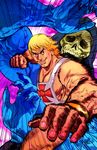  black_eyes blonde_hair blue_skin fantasy felipe_smith fingernails he-man hood looking_at_viewer manly masters_of_the_universe muscle punching scared signature skeletor skull tan 