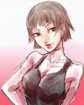  braid breasts brown_eyes brown_hair crown_braid gradient gradient_background lipstick looking_at_viewer makeup medium_breasts niijima_makoto persona persona_5 red_lipstick short_hair sirokuromono sketch solo upper_body 