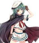  arm_at_side arm_up bad_id bad_pixiv_id black_cape blush brown_gloves cape cowboy_shot eyepatch flat_cap gloves green_eyes green_hair hat kantai_collection kiso_(kantai_collection) looking_at_viewer masayo_(gin_no_ame) midriff navel neckerchief pleated_skirt remodel_(kantai_collection) school_uniform serafuku shirt short_sleeves skirt smile solo standing stomach white_cape white_shirt white_skirt 