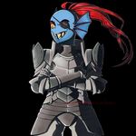  armor artist_name black_background blue_skin cowboy_shot crossed_arms eyepatch eyeshadow fire_emblem fire_emblem_if grin head_fins makeup monster_girl paranoidpantherspatterns parody ponytail red_eyes red_hair sharp_teeth simple_background slit_pupils smile solo style_parody teeth undertale undyne yellow_sclera 