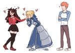  2girls ? armor armored_dress artoria_pendragon_(all) black_legwear blonde_hair blush brown_hair closed_eyes crossed_arms dashingicecream emiya_shirou fate/stay_night fate_(series) hand_kiss heart kiss miniskirt multiple_girls no_eyes orange_hair sabaton saber skirt smile sweat thighhighs toosaka_rin yuri zettai_ryouiki 