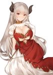  alicia_(granblue_fantasy) bangs blush breasts center_opening cleavage cross cross_earrings draph dress earrings gloves granblue_fantasy horns jewelry large_breasts layered_dress long_hair looking_at_viewer pointy_ears red_dress red_eyes silver_hair simple_background sitting smile solo underboob underboob_cutout very_long_hair white_dress white_gloves yaman 
