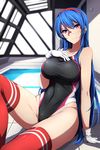  blue_hair breasts competition_swimsuit gakuen_taisen_valkyries glasses highres large_breasts long_hair looking_at_viewer one-piece_swimsuit red_eyes rei_no_pool sabra_greengold sblack smile solo swimsuit thighhighs 