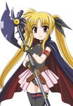  arm_belt bangs bardiche belt black_gloves blonde_hair cape cowboy_shot fate_testarossa gloves hair_ribbon long_hair looking_at_viewer low-tied_long_hair lyrical_nanoha magical_girl mahou_shoujo_lyrical_nanoha mahou_shoujo_lyrical_nanoha_the_movie_1st parted_lips pleated_skirt red_eyes ribbon skirt smile solo standing thighhighs twintails very_long_hair wan'yan_aguda white_background 