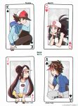  2boys 2girls annotated baseball_cap black_(pokemon) blue_eyes breasts card character_name closed_mouth copyright_name creatures_(company) double_bun eye_contact game_freak hat lack-two_(pokemon) long_hair long_sleeves looking_at_another luo-qin multiple_boys multiple_girls nintendo playing_card pokemon pokemon_special short_sleeves sleeveless small_breasts smile twintails upper_body whi-two_(pokemon) white_(pokemon) 