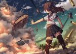  \||/ aircraft airplane aki_(akisora_hiyori) arm_at_side belly_peek black_legwear black_skirt brown_hair building burning burnt_clothes city clenched_hand cloud commentary_request condensation_trail damaged debris dust dust_cloud explosion f-35_lightning_ii falling fire floating_hair from_below ground_vehicle highres lav-25 legs_apart light_particles long_hair m1_abrams military military_vehicle miniskirt motion_blur motor_vehicle navel original outdoors outstretched_arm pleated_skirt school_uniform serafuku shade shell_casing short_sleeves skirt sky skyscraper smoke solo standing stryker tank thighhighs torn_clothes torn_legwear torn_skirt two_side_up upshirt upskirt 