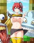  aiba_ami blue_eyes blush breasts digimon digimon_story:_cyber_sleuth nipples thighhighs v 