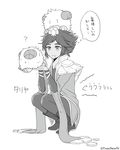  ? animal animal_on_head bad_id bad_pixiv_id drooling freckles greyscale horns hungry jackkazu39 league_of_legends monochrome on_head poro_(league_of_legends) saliva short_hair solo squatting stomach_growling taliyah translated 