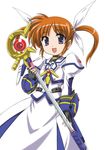  armor armored_dress blue_eyes cowboy_shot dress fingerless_gloves gloves hair_ribbon holding jacket juliet_sleeves long_sleeves looking_at_viewer lyrical_nanoha magical_girl mahou_shoujo_lyrical_nanoha mahou_shoujo_lyrical_nanoha_the_movie_1st open_mouth puffy_sleeves raising_heart red_hair ribbon smile solo standing takamachi_nanoha twintails wan'yan_aguda white_background white_dress 