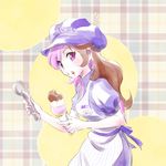 1girl apron baskin-robbins brown_eyes brown_hair cabbie_hat chocolate clothes_writing collared_dress contemporary cowboy_shot dress eating employee_uniform food food_on_face hat heterochromia holding ice_cream ice_cream_cone ice_cream_on_face ice_cream_scoop iesupa long_hair looking_at_viewer multicolored_hair name_tag necktie neo_(rwby) pink_eyes pink_hair pink_neckwear plaid plaid_background puffy_short_sleeves puffy_sleeves purple_dress purple_hat rwby short_sleeves solo striped surprised tsurime uniform vertical-striped_apron vertical_stripes white_apron wing_collar 